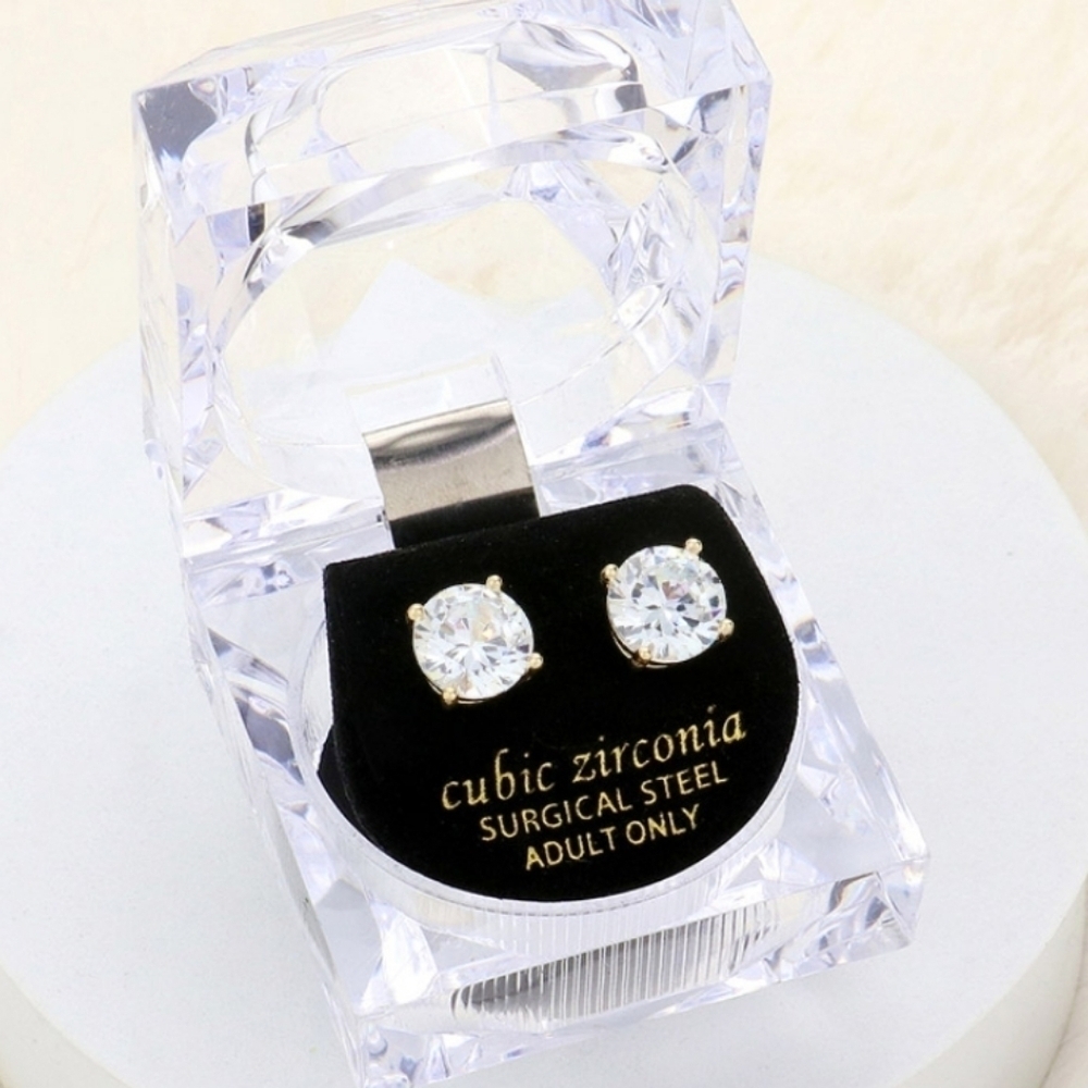 10mm Round Cut Crystal Cubic Zirconia CZ Stud Gold Earrings with Clear Box
